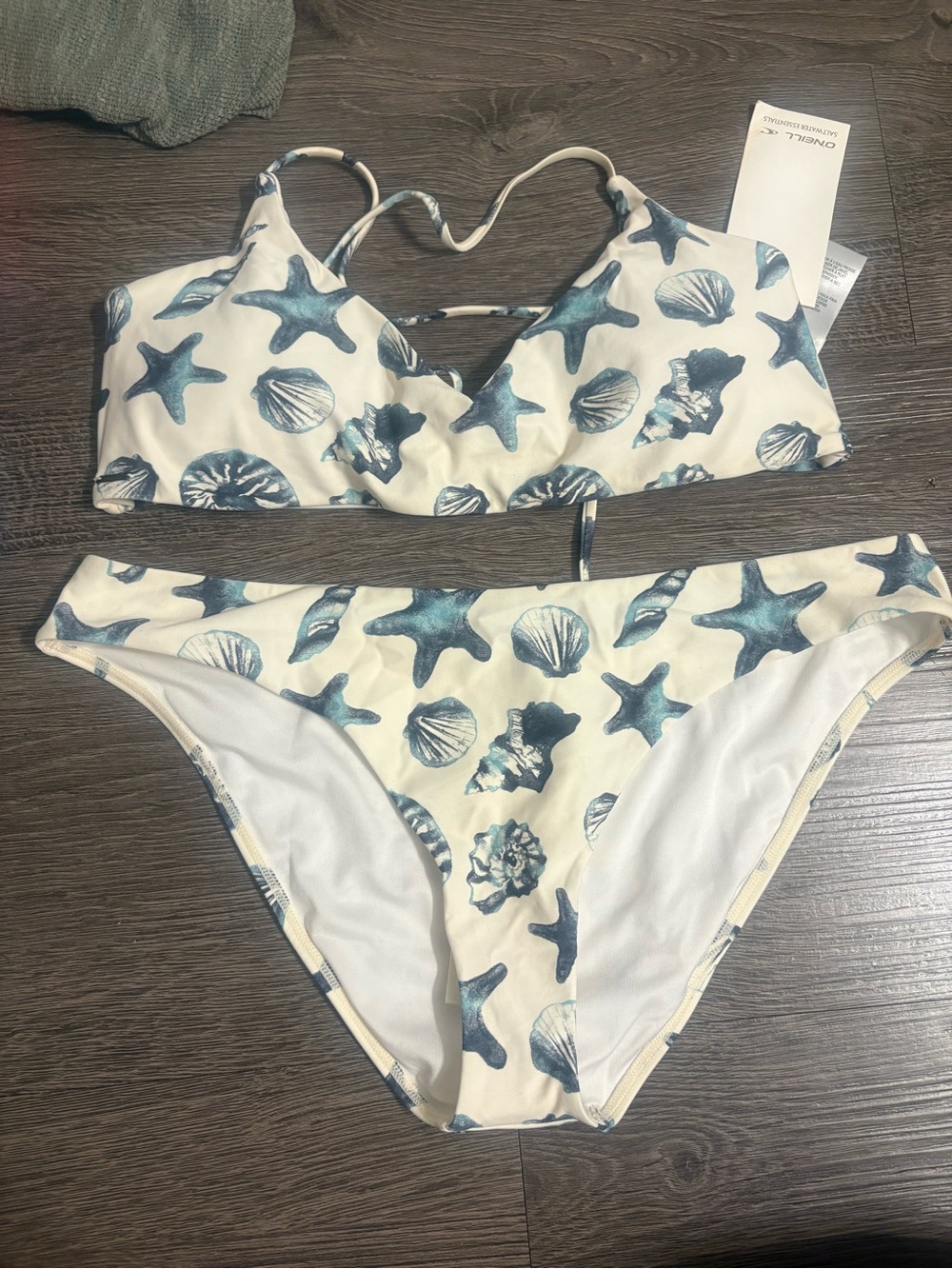 O'Neill Two-Piece Bikini with Cream and Teal Shell Print